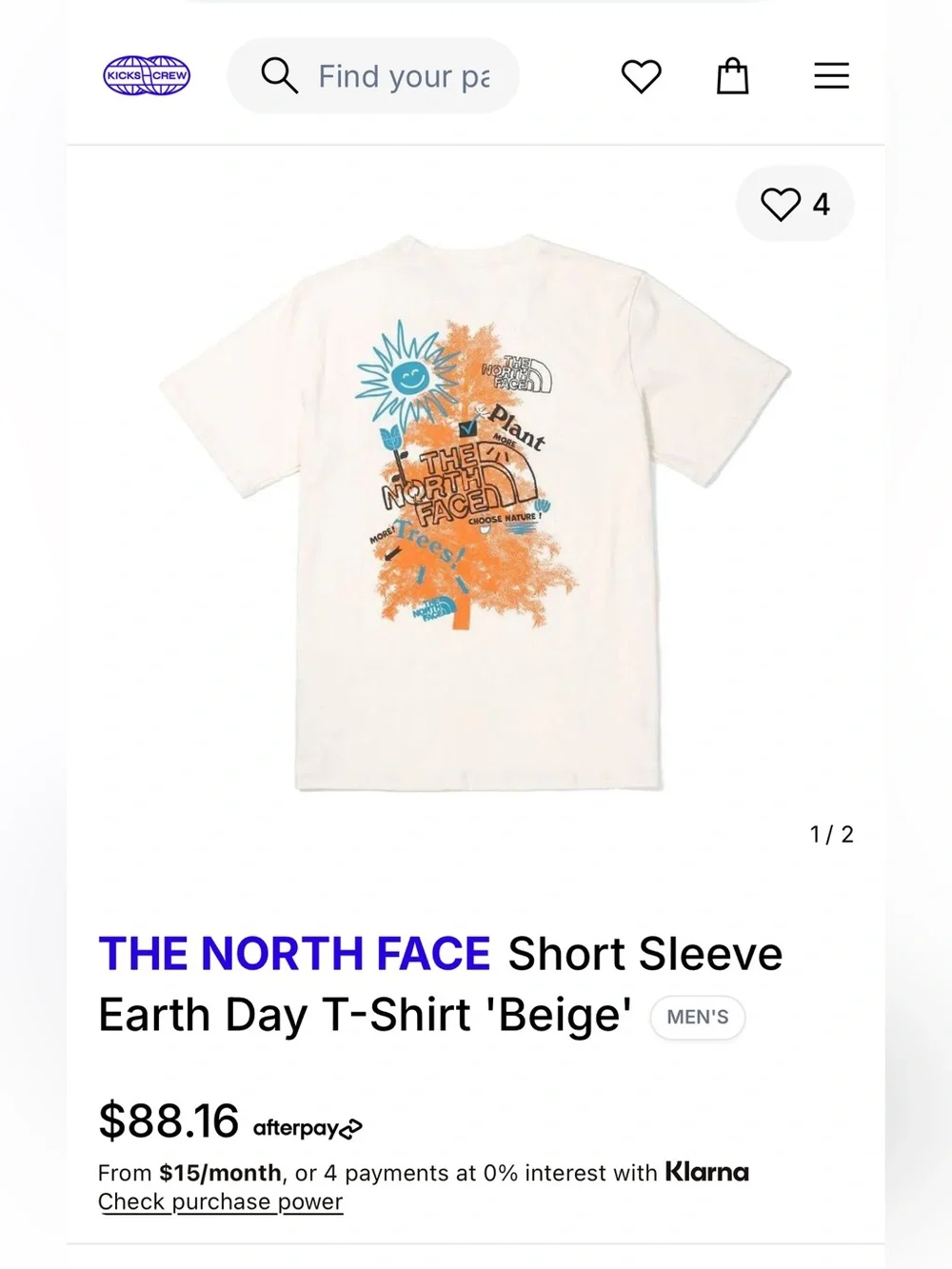 Rare THE NORTH FACE Short Sleeve Earth Day T-Shirt in Cream/Beige Medium